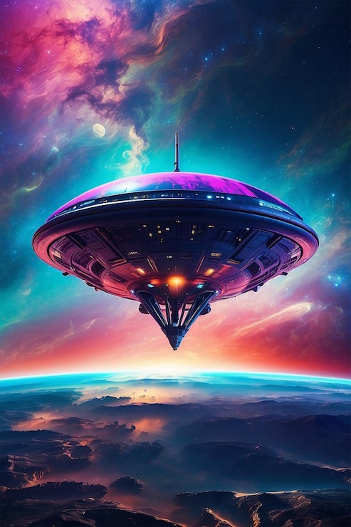 Nave alienígena aproximándose a la Tierra sobre un cielo de colores vívidos